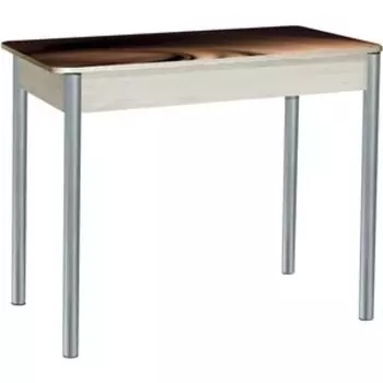 Стол обеденный Катрин Нью-Йорк раздвижной, с фотопечатью, дуб молочный, шоколад, опора круглая серебристый металлик