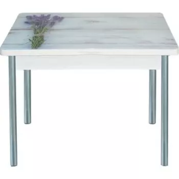 Стол обеденный Катрин Симпл поворотно раскладной, с фотопечатью, бетон белый, букет, опора круглая серебристый металлик