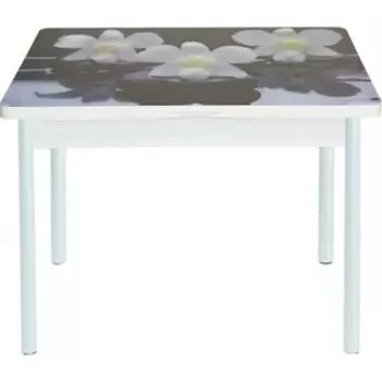 Стол обеденный Катрин Симпл поворотно раскладной, с фотопечатью, бетон белый, орхидея на черных камнях, опора круглая муар белый