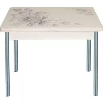 Стол обеденный Катрин Симпл поворотно раскладной, с фотопечатью, дуб молочный, кофейные цветы, опора круглая серебристый металлик