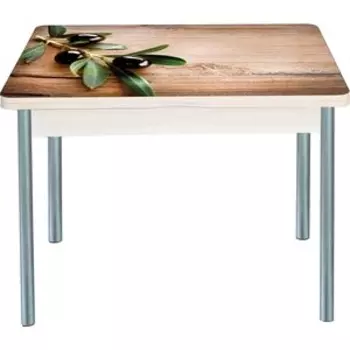 Стол обеденный Катрин Симпл поворотно раскладной, с фотопечатью, дуб молочный, маслины, опора круглая серебристый металлик