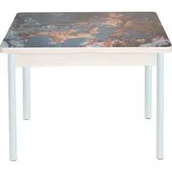 Стол обеденный Катрин Симпл поворотно раскладной, с фотопечатью, дуб молочный, мрамор космос, опора круглая муар белый