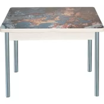 Стол обеденный Катрин Симпл поворотно раскладной, с фотопечатью, дуб молочный, мрамор космос, опора круглая серебристый металлик