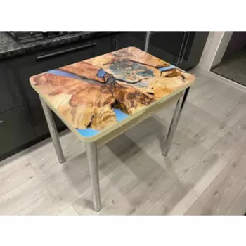 Стол обеденный поворотно раскладной фотопечать Катрин Симпл / дуб молочный Старое дерево / опора круглая Хром (KT19709)