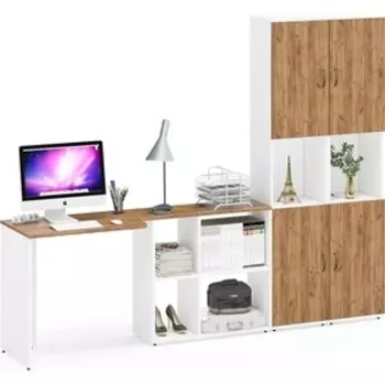 Стол письменный и два пенала Мебельный двор Лидер-8, белый шагрень/крафт золото (1028474)