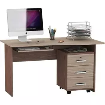 Стол письменный Мебельный двор С-МД-1-04ПТ с панелью под клавиатуру С-МД-4-03 и тумбой С-МД-3-02 корпус ясень шимо тёмный, фасад ясень шимо светлый