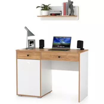 Стол письменный Моби Вуди 12.42 с полкой 15.46 белый премиум/дуб крафт золотой