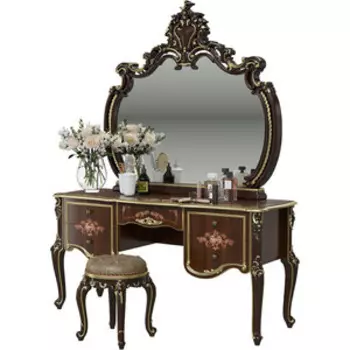 Стол туалетный Мэри Шейх СШ-05 с зеркалом СШ-06, пуф СШ-07, цвет орех тайский