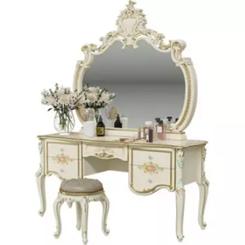 Стол туалетный Мэри Шейх СШ-05 с зеркалом СШ-06, пуф СШ-07, цвет слоновая кость,
