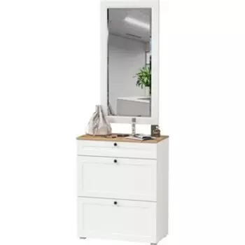 Тумба для обуви Моби Остин 16.121 + 17.03 Зеркало, цвет белый шагрень/дуб крафт золотой (1027960)