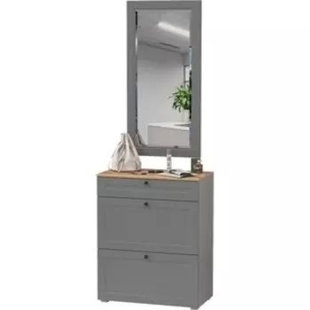 Тумба для обуви Моби Остин 16.121 + 17.03 Зеркало, цвет серый графит/дуб крафт золотой (1027961)