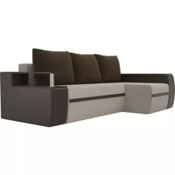 Угловой диван АртМебель Ричмонд микровельвет бежевый/экокожа коричневый подушки микровельвет коричневый правый угол