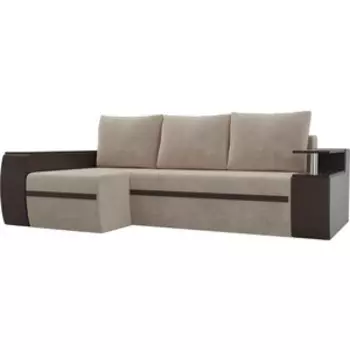 Угловой диван АртМебель Ричмонд велюр бежевый/экокожа коричневый левый угол