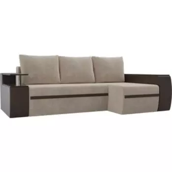 Угловой диван АртМебель Ричмонд велюр бежевый/экокожа коричневый правый угол