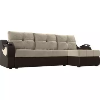 Угловой диван АртМебель Меркурий вельвет бежевый экокожа коричневый правый угол