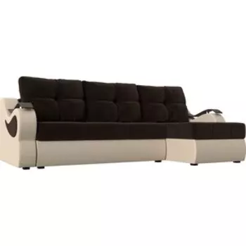 Угловой диван АртМебель Меркурий вельвет коричневый экокожа бежевый правый угол