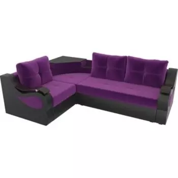 Угловой диван АртМебель Митчелл микровельвет фиолетовый экокожа черный левый угол