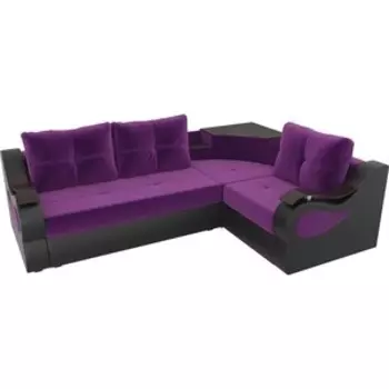 Угловой диван АртМебель Митчелл микровельвет фиолетовый экокожа черный правый угол