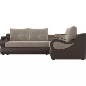 Угловой диван АртМебель Митчелл велюр бежевый экокожа коричневый правый угол