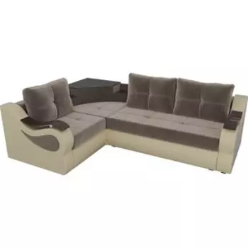 Угловой диван АртМебель Митчелл велюр коричневый экокожа бежевый левый угол