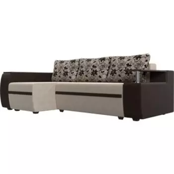 Угловой диван АртМебель Ричмонд рогожка бежевый экокожа коричневый подушки рогожка на флоке левый угол