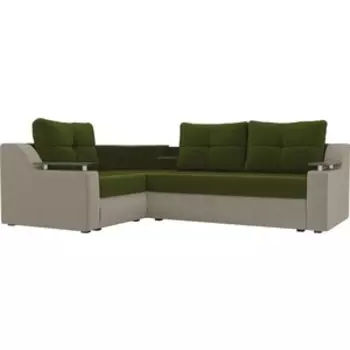 Угловой диван АртМебель Тесей микровельвет зеленый бежевый левый угол