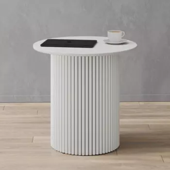 Журнальный столик Genglass круглый с металлическим белым подстольем и белой столешницей GENGLASS TRUBIS Wood GGT-03-3-3-S-60