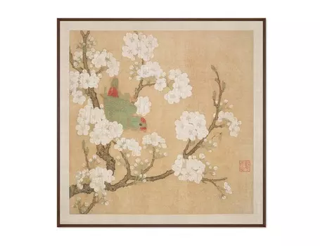 Репродукция картины на холсте попугай в ветвях персикового дерева (картины в квартиру) мультиколор 105x105 см.