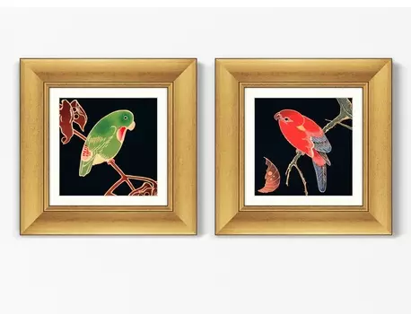 Набор из 2-х репродукций картин в раме red and green parrots , 1900г. (картины в квартиру) мультиколор 35x35 см.