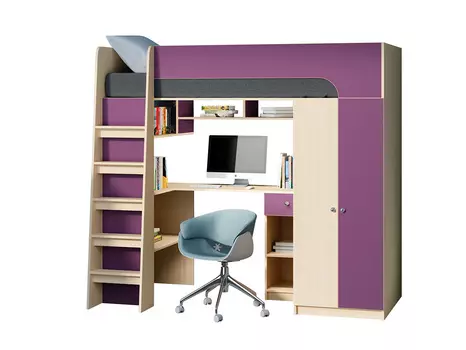 Кровать-чердак астра 10 дуб молочный/фиолетовый (рв-мебель) фиолетовый 194.2x84.2x143 см.