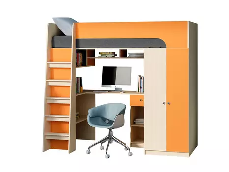 Кровать-чердак астра 10 дуб молочный/оранжевый (рв-мебель) оранжевый 194.2x84.2x143 см.