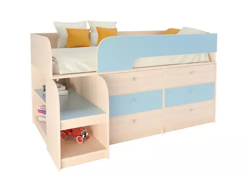 Кровать-чердак астра 9/3 дуб молочный/голубой (рв-мебель) голубой 163.2x99x90 см.
