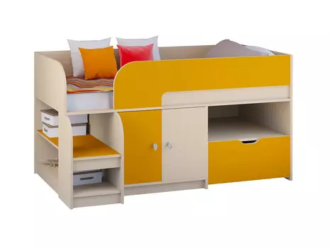 Кровать-чердак астра 9/4 дуб молочный/оранжевый (рв-мебель) оранжевый 163.2x99x90 см.