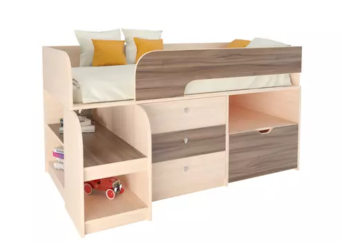 Кровать-чердак астра 9/5 дуб молочный/орех (рв-мебель) коричневый 163.2x99x90 см.