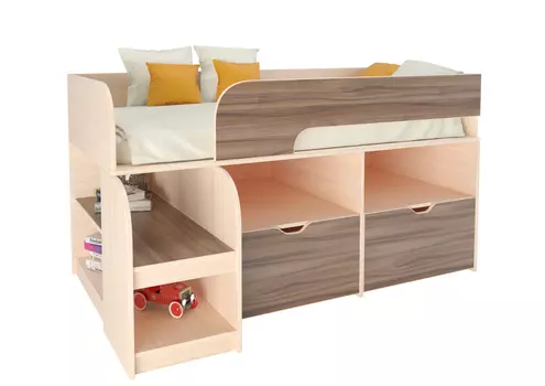 Кровать-чердак астра 9/6 дуб молочный/орех (рв-мебель) коричневый 163.2x99x90 см.