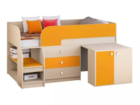 Кровать-чердак астра 9/7 дуб молочный/оранжевый (рв-мебель) оранжевый 163.2x99x90 см.