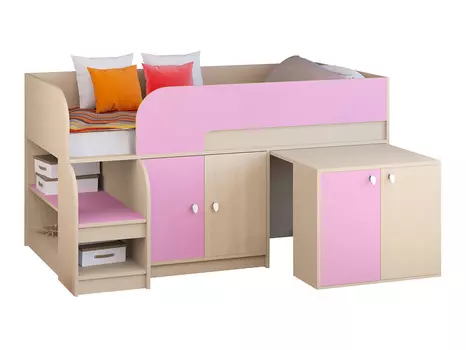 Кровать-чердак астра 9/8 дуб молочный/розовый (рв-мебель) розовый 163.2x99x90 см.