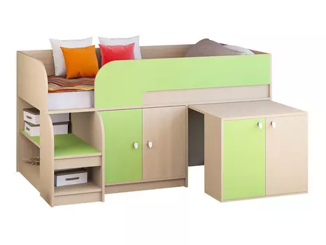 Кровать-чердак астра 9/8 дуб молочный/салатовый (рв-мебель) зеленый 163.2x99x90 см.