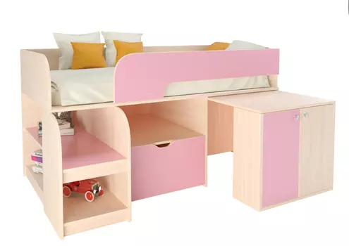 Кровать-чердак астра 9/9 дуб молочный/розовый (рв-мебель) розовый 163.2x99x90 см.