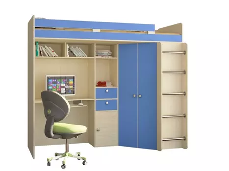 Кровать-чердак астра 1 дуб молочный/голубой (рв-мебель) голубой 201.5x185.5x99.5 см.