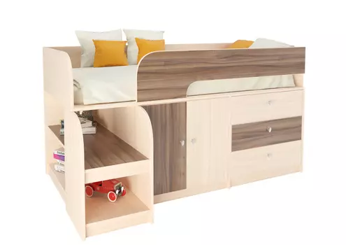 Кровать-чердак астра 9/1 дуб молочный/орех (рв-мебель) коричневый 163.2x99x90 см.