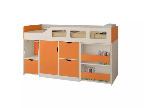 Кровать-чердак астра 8 дуб молочный/оранжевый (рв-мебель) оранжевый 194.2x84.6x108 см.