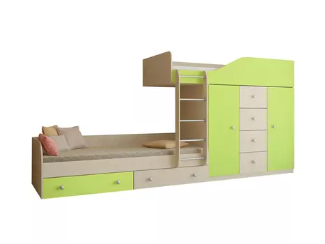 Кровать двухъярусная астра 6 дуб молочный/салатовый (рв-мебель) зеленый 333.2x89.5x155.1 см.