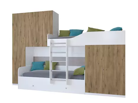 Кровать двухъярусная лео дуб белый/дуб эвок прибрежный (рв-мебель) коричневый 329.2x85x221.6 см.