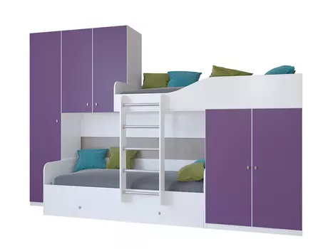 Кровать двухъярусная лео дуб белый/фиолетовый (рв-мебель) фиолетовый 329.2x85x221.6 см.