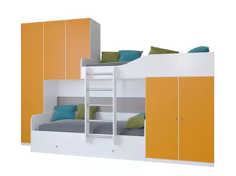 Кровать двухъярусная лео дуб белый/оранжевый (рв-мебель) оранжевый 329.2x85x221.6 см.