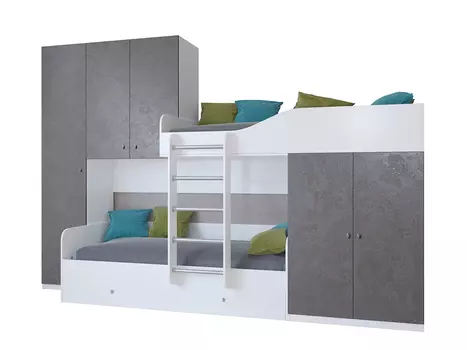 Кровать двухъярусная лео дуб белый/железный камень (рв-мебель) серый 329.2x85x221.6 см.