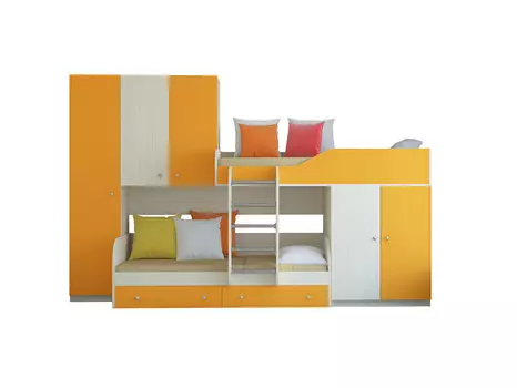 Кровать двухъярусная лео дуб молочный/оранжевый (рв-мебель) оранжевый 329.2x85x221.6 см.