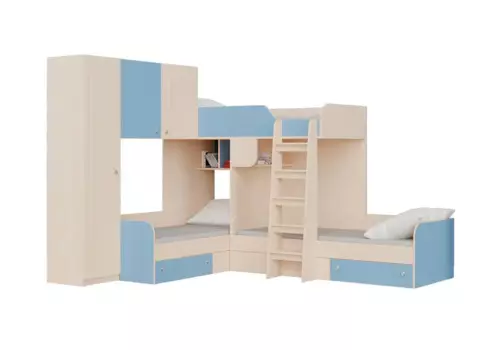 Кровать двухъярусная трио/1 дуб молочный/голубой (рв-мебель) голубой 281.5x240x200 см.