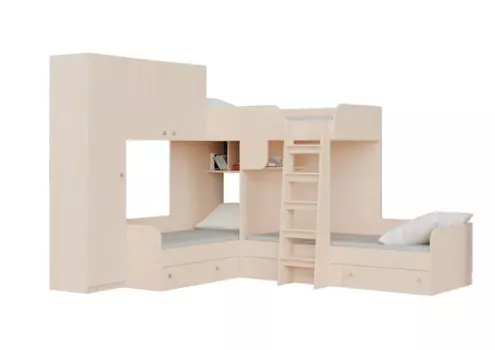 Кровать двухъярусная трио/1 дуб молочный полностью (рв-мебель) бежевый 281.5x240x200 см.